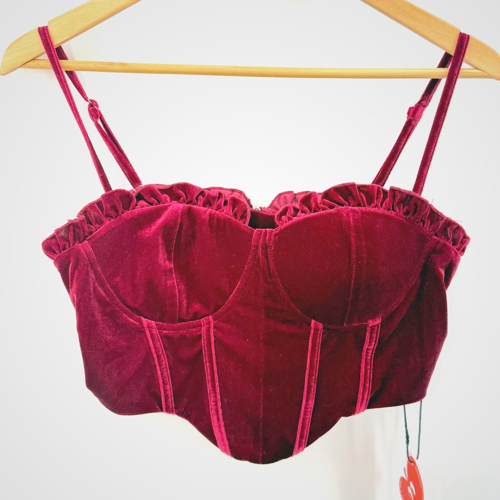 NWT Cider Burgundy Velvet Corset Bustier Crop Top Ruffle Sweetheart Romantic L